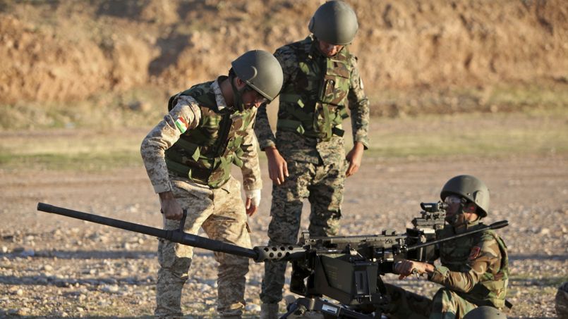 Kurdish Peshmerga fighters undergo training by British soldiers at a shooting range in Arbil