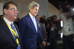 U.S. Secretary of State Kerry arrives for a meeting with Egyptian Foreign Minister Shoukry on the sidelines of the Egypt Economic Development Conference in Sharm el-Sheikh